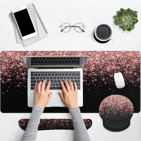 Britimes Set 4in1 35.4x15.7 inches Rose Gold Pink Keyboard Mouse Pad Black Golden Large Mousepad+Keyboard Wrist