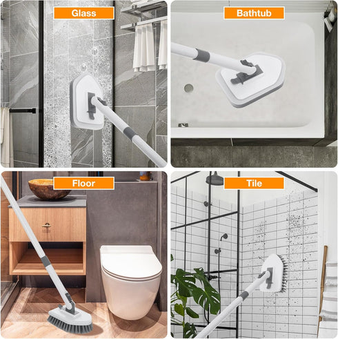 4 1 in Shower Scrubber Cleaning Brush, Tub and Tile Scrubber with Long Handle, Grout Brush Stiff Bristles Scrub Sponge