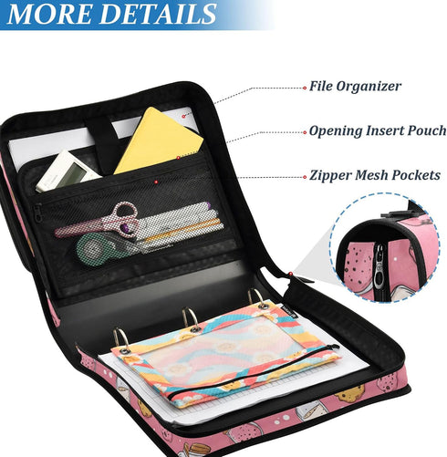 Fisyme 3 Cookies Milk Bottles Pinks Zipper Binder Ring with Zipper and Shoulder Strap Large Capacity Multi-Pocket