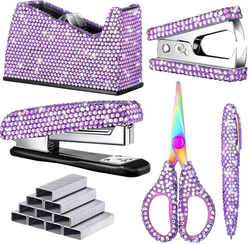 Yunlly 6 Pack Bling Office Stationery Set, Desk Accessory Includes Pen, Scissor, Stapler, 1000 Pcs Staples, Tape