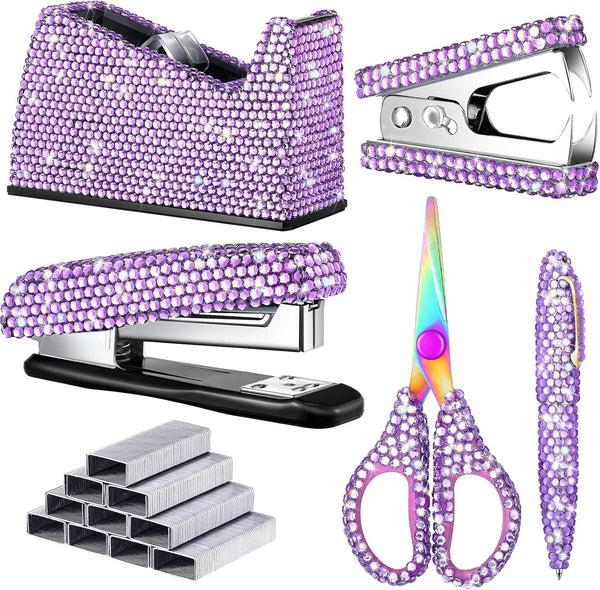 Yunlly 6 Pack Bling Office Stationery Set, Desk Accessory Includes Pen, Scissor, Stapler, 1000 Pcs Staples, Tape