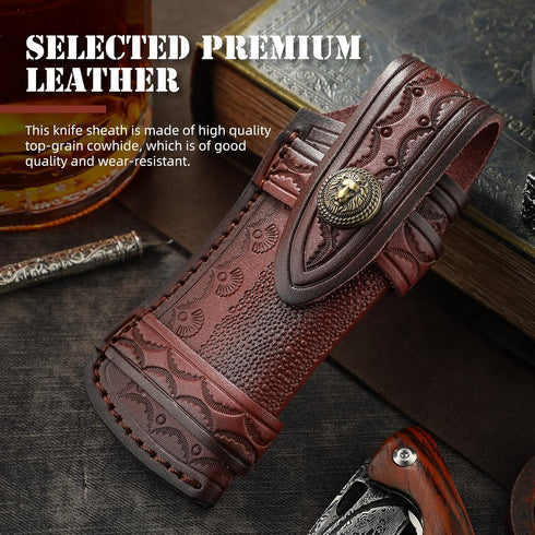 Omesio Pocket Knife Sheath Big (L) - 5.28" Leather Knife Sheath for Belt, Horizontal Carry, Brown Leather for Folding
