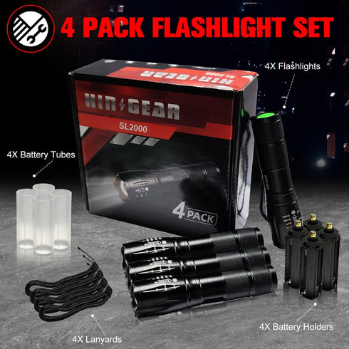 Tactical Flashlights High Lumens 4 Pack, Bright 2000 Lumens Zoomable LED Flashlight, Water Resistant Portable Pocket Flash Light for Home, Emergency, Camping, and Gift - SL2000 by HinsGEAR