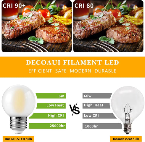 Decoaui E26 G16 Bulbs, Bulb, 6W (60W 600 4000K Dimmable, 6 Pack LED Globe Light Small Golf Ball Size Round Equivalent)
