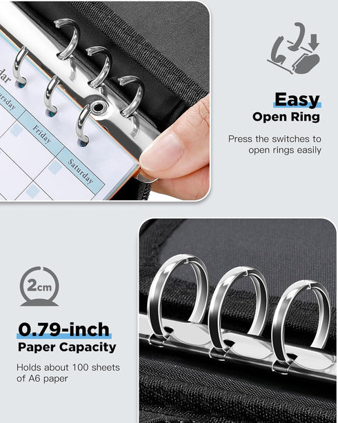 Zannaki A6 Zipper Binder, 6 Ring Personal Planner Journal, Budget Binder Cover Case, Black Portable Organizer