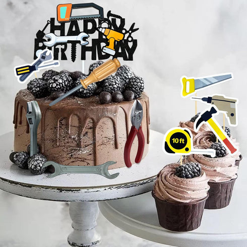18PCS Cake Topper Tools, Toolbox Cake Decorations with Wrench, Hammer, Mechanic Drill, and More for Birthday Party Decor