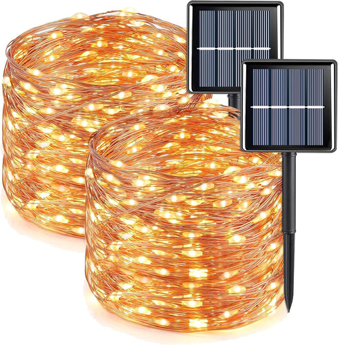 QITONG Warm White Solar Fairy Lights, 2 Pack Each 66ft 200 LED Outdoor String Lights, 8 Modes Silver Wire
