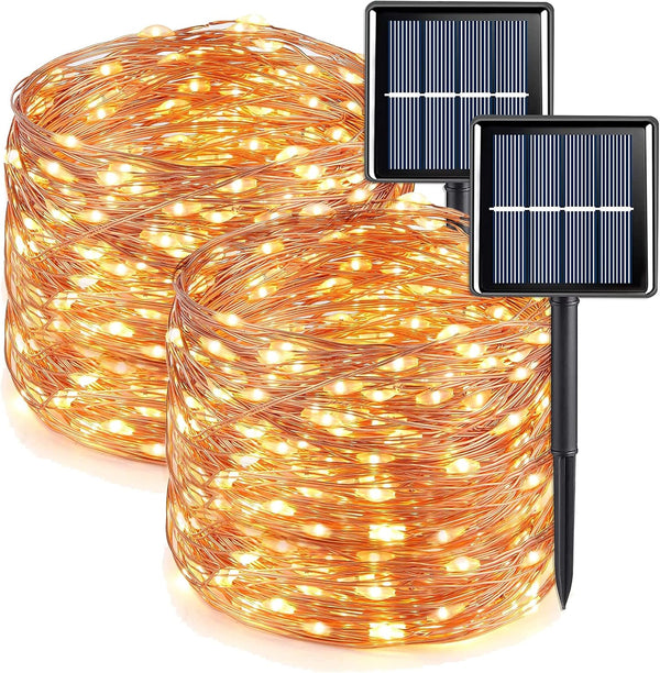 QITONG Warm White Solar Fairy Lights, 2 Pack Each 66ft 200 LED Outdoor String Lights, 8 Modes Silver Wire