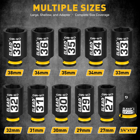 1/2'' Set: 11-Piece 27mm 29mm 30mm 31mm 32mm 33mm 34mm 35mm 36mm 38mm Drive Deep Impact Socket Metric Wheel Axle Nut