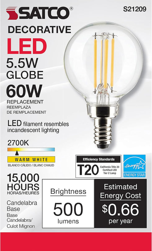 Satco 20524-5.5G16.5/LED/CL/927/120V/E12 Globe Style Antique LED Bulb