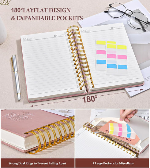 Lined Spiral Notebook Journal, 8.5"×11", 300 Pages Hardcover Leather Journals, A4 Large College Ruled Notebooks, Pink