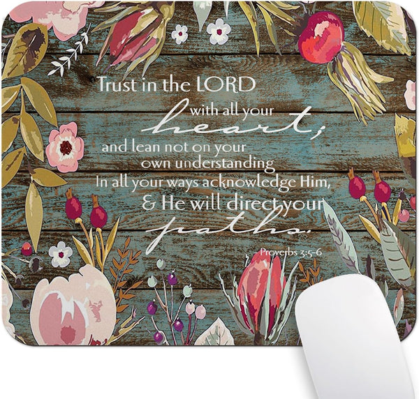 Christian Bible Verses Proverbs 3-5 Mouse Pad, Trust in The Lord with All Your Heart Vintage Floral Wood Design