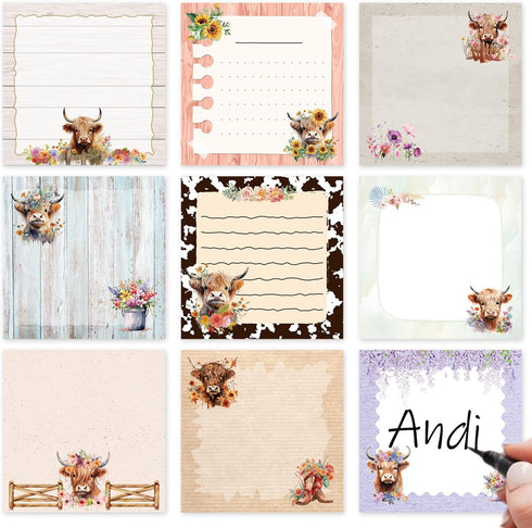 Lovarywow Highland Cow Sticky Notes Set, 9 Pack, Cute Animals 3"X3" Memo Pad, 450 Sheets for Office