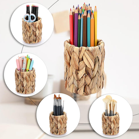 BTSKY 3 Pack Water Hyacinth Pencil Holder, Handmade Wicker Pen Cup for Makeup Brushes and Office Accessories