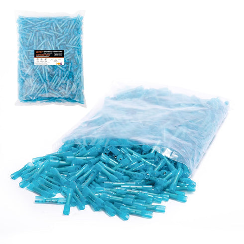HKS 500 PCS Heat Shrink Butt Connector Blue 16-14 AWG - Tinned Red Copper Electrical Connectors for Automotive Marine