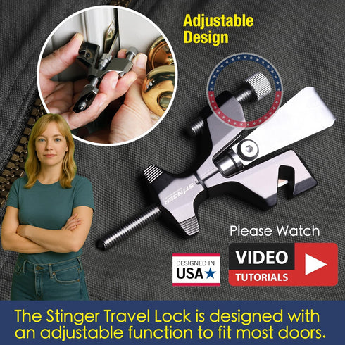 Stinger Metal Portable Door Lock for Travelers Hotel, Apartment, and Home Door Stopper Security with Built-in Glass