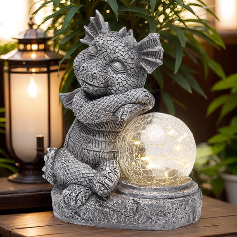 Garden Outdoor Dragon Statue Holding Solar Magic Orb LED Light Resin Adorable