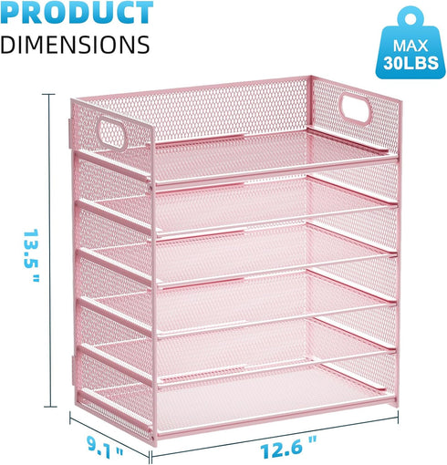 Marbrasse 6 Tier Paper Organizer Letter Tray, Mesh Desk File Organizer with Handle for Letter/A4 Office Files, Pink
