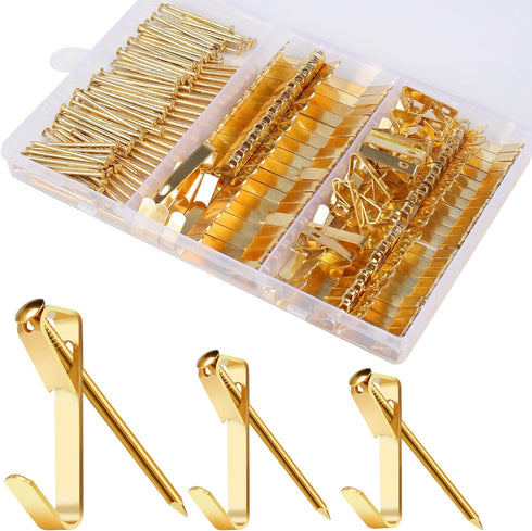 184 Pieces Picture Hanging Kit, Gold, 20lb, 30lb, 50lb Hangers, Metal Hooks with Nails for Drywall, Wooden Wall