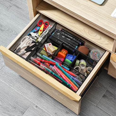 Hiceeden 2 Pack Mesh Metal Desk Drawer Organizer - 16.1"x12.2"x2" 6 Compartment Tray with Adjustable Dividers for