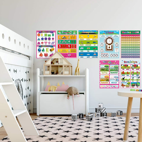 Educational Preschool Poster Pack of 15 for Toddlers and Kids, ABC Alphabet, Shapes Chart, 17x12 Inches Classroom