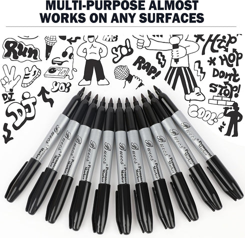 Buecs 200 Count Permanent Markers, Black Permanent Markers, Fine Point, Waterproof & Smear Proof Markers, Quick Drying