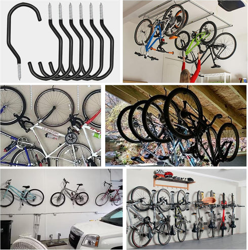 6PCS Black Heavy Duty Bike Storage Hooks, Wall Mounted Hooks for Bicycle, Large Screw Hooks