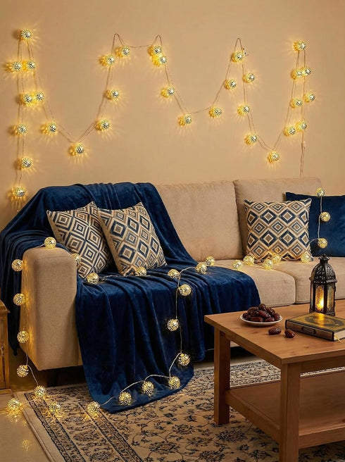 8.5Ft 10 LED Moroccan Style String Lights Plug in, Outdoor Ramadan Decorations String Lights with Silver Metal Ball