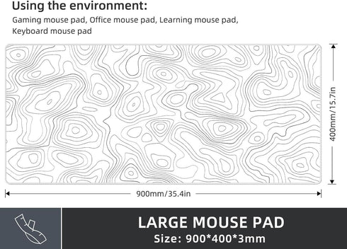 Extra Large Gaming Mouse Pad - White Topographic XXL Mousepad, Big Mouse Mat Desk Pad, Non-Slip for Gaming