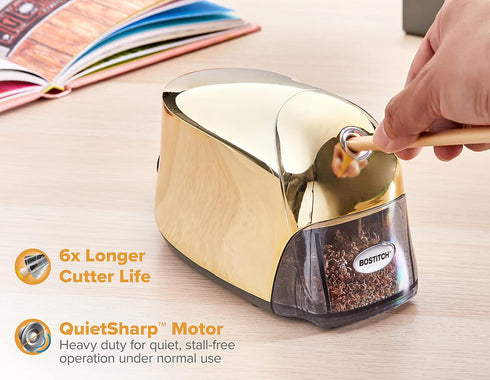 Bostitch Office QuietSharp Executive Heavy Duty Electric Pencil Sharpener, Gold Chrome, Colored-Pencil Compatible