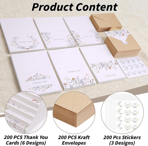 600 4x6 Inch, 6 PCS Floral Thank You Cards with Envelopes and Stickers, Wildflower Designs Thank You Notes, Greeting
