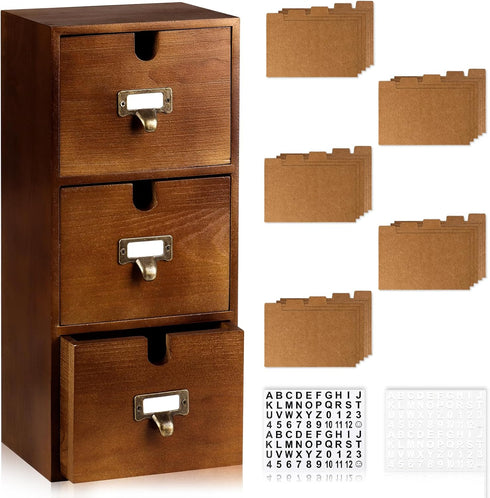 DLUGOPIS 3 Tier Index Card Holder 3x5 Wooden Card Catalog Box with 3