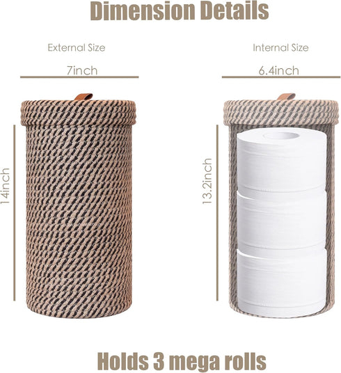 3 14" 7'' Handmade Cotton & Jute Toilet Paper Holder Woven Toilet Paper Stand & Storage Basket with Lid, Freestanding