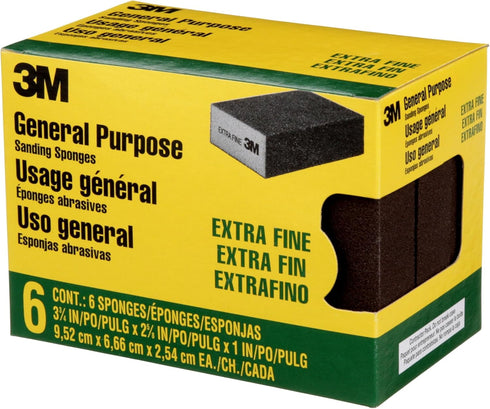 3M 6-Pack, 3-3/4 2-5/8 3M (CP000-6P-CC) Sanding Sponge Block, Extra Fine Grits, in x in, Designed For Sanding Wood