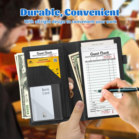 Qindaiwen 5x9" Server Book for Waitress, PU Leather Waiter Books, Restaurant Guest Check Organizer and Zipper High
