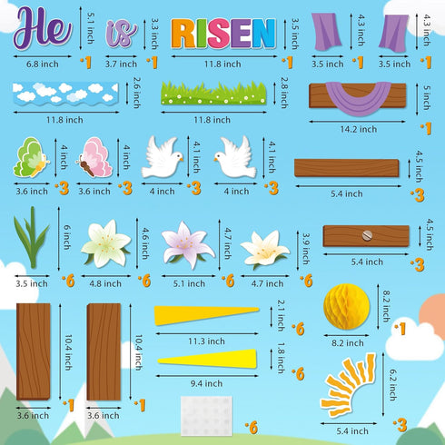 BeYumi 95Pcs Easter He is Risen Cross Bulletin Board Set Sun Honeycomb Jesus Resurrection Cross Lily Cutouts Trim Border Christian Religious Bible Sunday School Classroom Chalkboard Church Decoration by BeYumi
