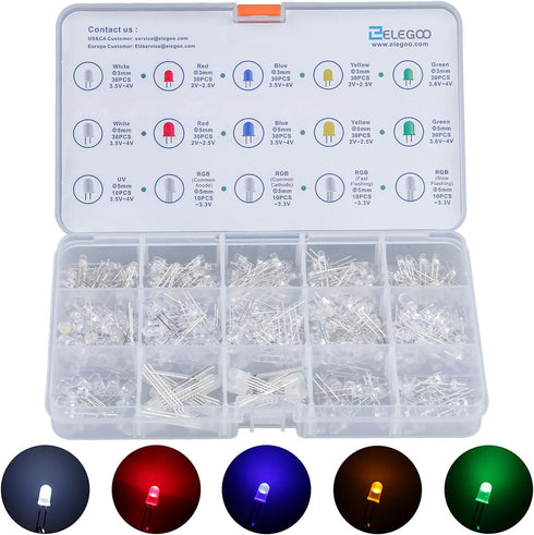 3mm 5mm Bulbs 5 (Pack 350) ELEGOO and Diffused and Clear Assorted LED Light Kit Light Colors with UV, RGB CA, Fast