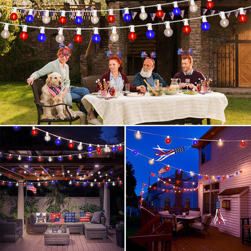 G40 27.8 4th 25+3 Bulbs, LED Red White and Blue Lights, FT of July Lights Plug in with Patriotic Decorations Outdoor