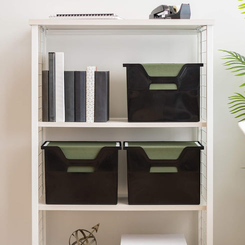 IRIS USA Large Portable Desktop File Box, 4 Pack with Open Lid, Side Handles for Letter Size, Black