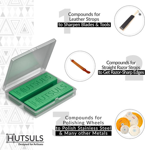 Knife Stropping Compound with Case - (2-Pack, Total 5 Oz) Get Razor-Sharp Edges with Knife Polishing Compound, Green Buffing Compound Bars are Easy to Use with Leather Strop Compound Guide