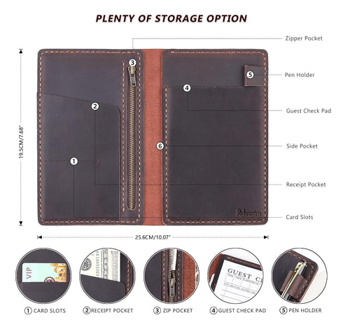 Server Book Organizer with Zipper Pocket, Genuine Leather Restaurant Guest Check Presenters Card Holder for Waitress