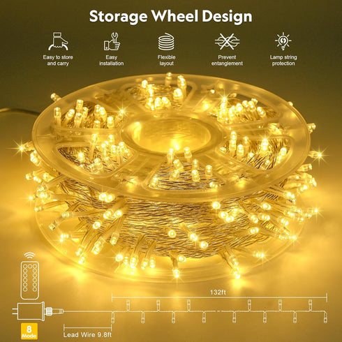 400 132 8 JMEXSUSS LED Christmas Lights Indoor Outdoor, ft Warm White String Lights Plug in with Remote, Modes Twinkle