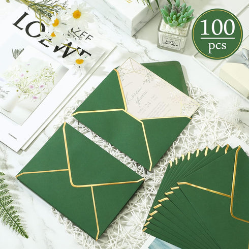 Teling 100 Pack A7 V Flap Envelope Invitations, 5 x 7 Fancy Envelopes with Gold Border for Bridal Shower Wedding