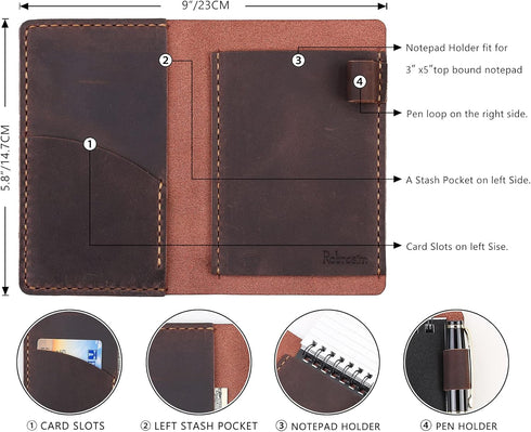 Robrasim Top Bound 3"x5" Memo Notebook Covers, Genuine Leather Cover for 3x5 Top-Spiral Notebook, Note Pad Holder Cover