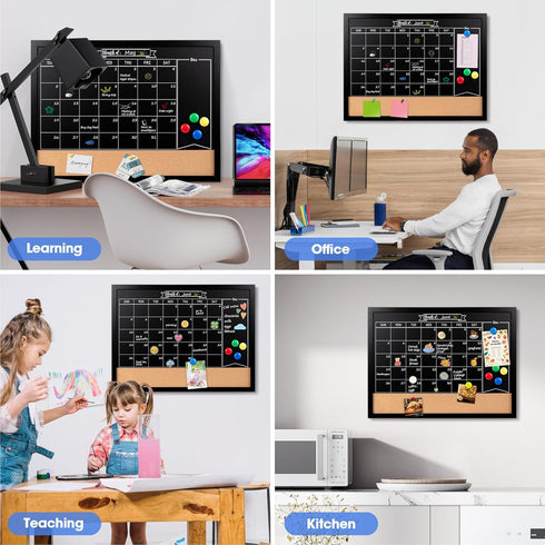 Board2by Monthly Chalkboard Calendar & Cork Board Combo, 18" x 24" Magnetic Board with Hanging Wood Frame