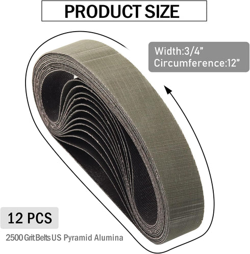 3/4" x 12" Replacement Sanding Belt, 12 Pack 2500 Fine Grit Sanding Belts for Work Sharp Knife Sharpener