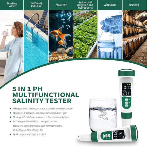5-in-1 Swimming Digital PH Meter, with Voice Function, PH/TDS/EC/Temp/Salt Pool Salt Tester, Waterproof & Rechargeable
