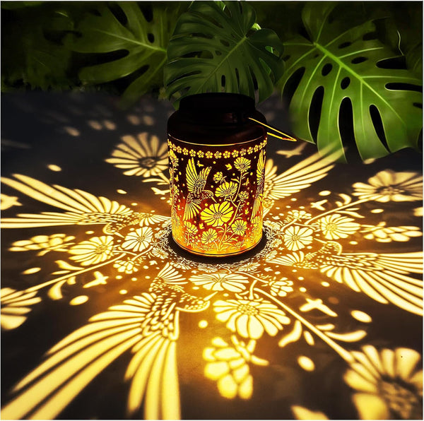 Merrytech Solar Lanterns Outdoor Waterproof,Hummingbird & Gesang Flower Lights,Metal Hanging Garden Decor
