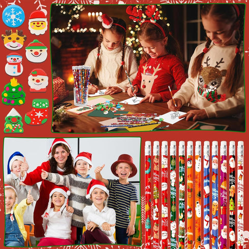 JULMELON 72PCS Christmas Party Favors Set, 36PCS Christmas Pencils with 36PCS Snowman Snowflake Erasers for Kids