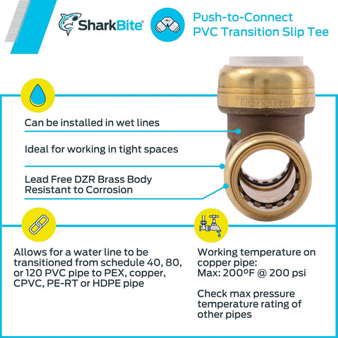 SharkBite 3/4 Inch CTS x 3/4 Inch CTS x 3/4 Inch PVC Slip Tee, Push To Connect Brass Plumbing Fitting